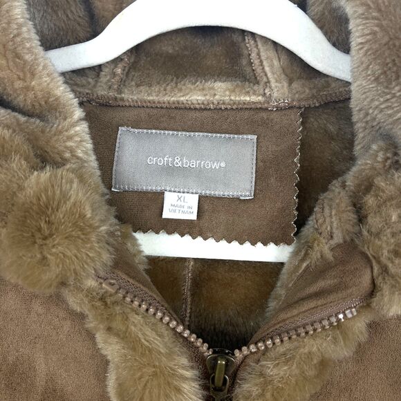 Faux Suede Jacket Womens SZ XL Faux Fur Trim Hood Embroidered Floral Soft Brown - Picture 4 of 11